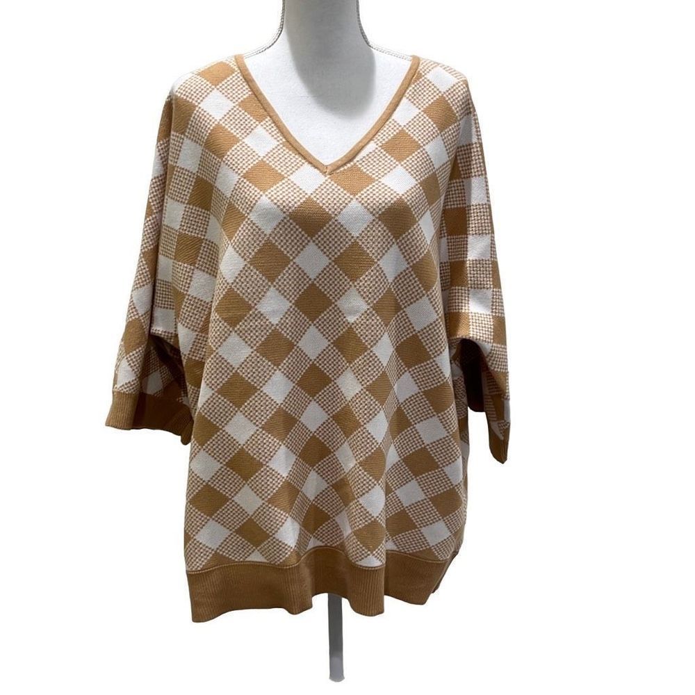 NEW A LOVE STORY Womens sweater 3x tan white checker v-neck sweater buttery soft